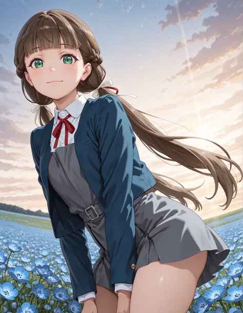 upper body, from below, 1girl, solo, looking at viewer, blurry background, light smile, cowboy shot, ((kinako sakurakouji, long hair, bangs, brown hair, twintails, green eyes, hair ribbon, braid, blunt bangs, low twintails, shirt, dress, ribbon, school uni...