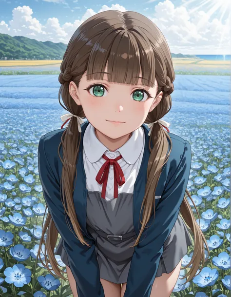 upper body, from below, 1girl, solo, looking at viewer, blurry background, light smile, cowboy shot, ((kinako sakurakouji, long hair, bangs, brown hair, twintails, green eyes, hair ribbon, braid, blunt bangs, low twintails, shirt, dress, ribbon, school uni...