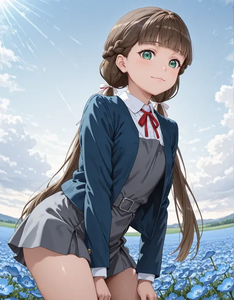 upper body, from below, 1girl, solo, looking at viewer, blurry background, light smile, cowboy shot, ((kinako sakurakouji, long hair, bangs, brown hair, twintails, green eyes, hair ribbon, braid, blunt bangs, low twintails, shirt, dress, ribbon, school uni...