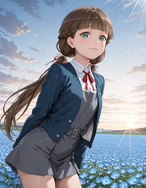 upper body, from below, 1girl, solo, looking at viewer, blurry background, light smile, cowboy shot, ((kinako sakurakouji, long hair, bangs, brown hair, twintails, green eyes, hair ribbon, braid, blunt bangs, low twintails, shirt, dress, ribbon, school uni...