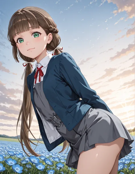 upper body, from below, 1girl, solo, looking at viewer, blurry background, light smile, cowboy shot, ((kinako sakurakouji, long hair, bangs, brown hair, twintails, green eyes, hair ribbon, braid, blunt bangs, low twintails, shirt, dress, ribbon, school uni...