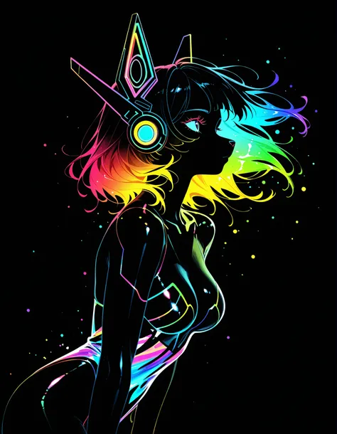 ,, furry girl, anthro, facing sideways, elegant pose, silhouette body, (glossy black fur), (neon outlines), (flat lighting), exploding fractals, liquid neon paint, splash effect, rainbow iridescent hair, gradient glow, (triadic colors), (spot color:1.2), c...