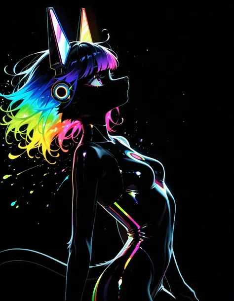 ,, furry girl, anthro, facing sideways, elegant pose, silhouette body, (glossy black fur), (neon outlines), (flat lighting), exploding fractals, liquid neon paint, splash effect, rainbow iridescent hair, gradient glow, (triadic colors), (spot color:1.2), c...