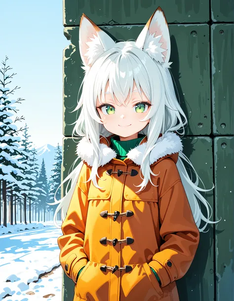 ,, anime, solo, BREAK, young fox girl, skinny and frail, (petite,cute:0.5), green eyes, looking at viewer, long hair, white hair, smile, winter clothes, outdoors, winte