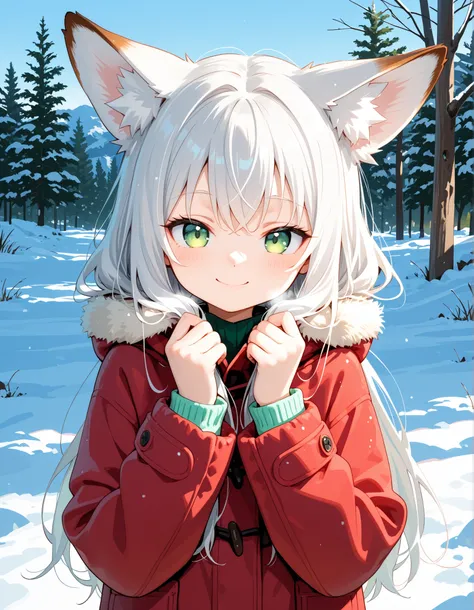 ,, anime, solo, BREAK, young fox girl, skinny and frail, (petite,cute:0.5), green eyes, looking at viewer, long hair, white hair, smile, winter clothes, outdoors, winte