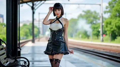 A woman with short, dark hair and bangs stands on a train platform, gazing directly at the viewer. She is dressed in a striking black and white halter-neck dress with a fitted, textured black bodice and a white bustier-style top. The skirt of the dress is ...
