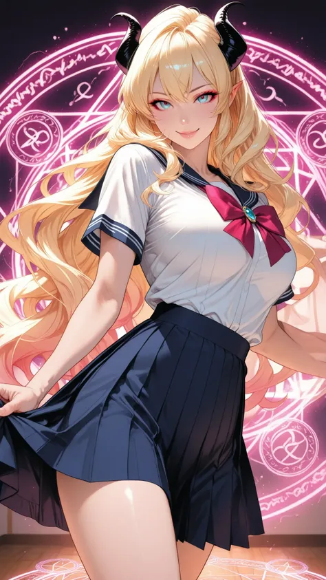 realistic, Medium Shot Like a Painting of a Seductive White Woman, 2, 5'9" tall, perfect, Graceful physique . Her Long, Wavy Hair Is Vivid Turquoise Blue,.  She's Attractive //, Beautiful Woman in School Uniform,  Her pose is fluid and captivating, As if o...