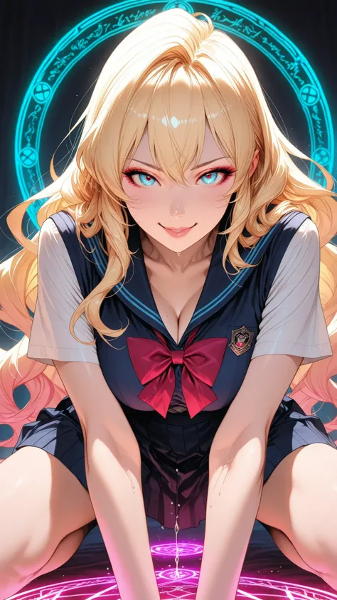 realistic, Medium Shot Like a Painting of a Seductive White Woman, 2, 5'9" tall, perfect, Graceful physique . Her Long, Wavy Hair Is Vivid Turquoise Blue,.  She's Attractive //, Beautiful Woman in School Uniform,  Her pose is fluid and captivating, As if o...