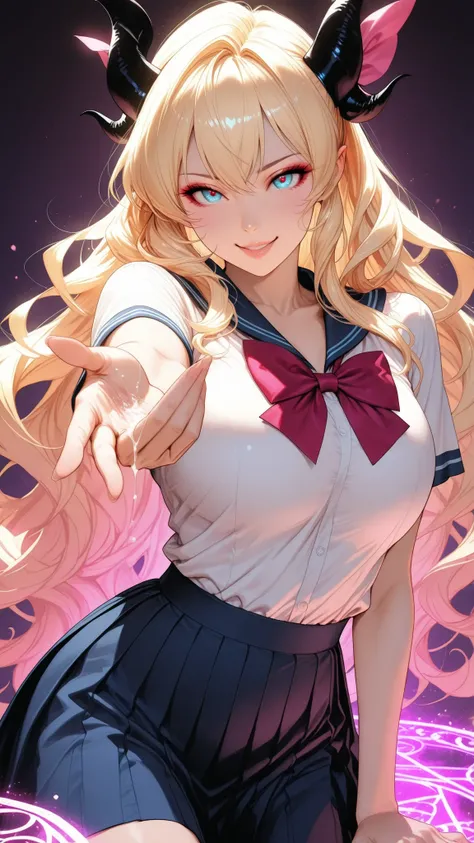 realistic, Medium Shot Like a Painting of a Seductive White Woman, 2, 5'9" tall, perfect, Graceful physique . Her Long, Wavy Hair Is Vivid Turquoise Blue,.  She's Attractive //, Beautiful Woman in School Uniform,  Her pose is fluid and captivating, As if o...