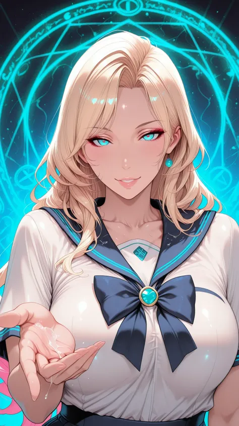 realistic, Medium Shot Like a Painting of a Seductive White Woman, 2, 5'9" tall, perfect, Graceful physique . Her Long, Wavy Hair Is Vivid Turquoise Blue,.  She's Attractive //, Beautiful Woman in School Uniform,  Her pose is fluid and captivating, As if o...