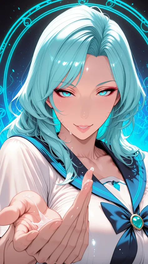 realistic, Medium Shot Like a Painting of a Seductive White Woman, 2, 5'9" tall, perfect, Graceful physique . Her Long, Wavy Hair Is Vivid Turquoise Blue,.  She's Attractive //, Beautiful Woman in School Uniform,  Her pose is fluid and captivating, As if o...