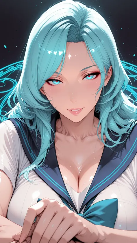 realistic, Medium Shot Like a Painting of a Seductive White Woman, 2, 5'9" tall, perfect, Graceful physique . Her Long, Wavy Hair Is Vivid Turquoise Blue,.  She's Attractive //, Beautiful Woman in School Uniform,  Her pose is fluid and captivating, As if o...