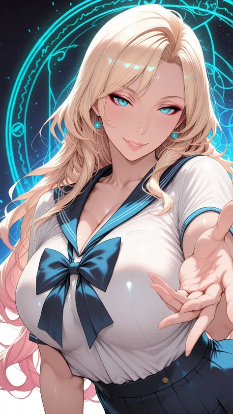 realistic, Medium Shot Like a Painting of a Seductive White Woman, 2, 5'9" tall, perfect, Graceful physique . Her Long, Wavy Hair Is Vivid Turquoise Blue,.  She's Attractive //, Beautiful Woman in School Uniform,  Her pose is fluid and captivating, As if o...