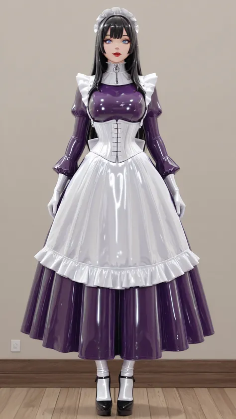 maniajuns, black latex skin, black lenses, black hair,blue eyes,red lips, happy, girl in closed shiny black catsuit,white NeckCorset, HW_Corset, standing, purple latex maid, gothic, frilly, ruffles, purple latex long skirt, Wide Skirt, purple latex long Wi...