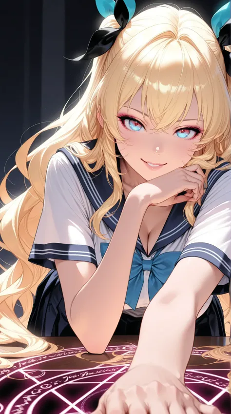 realistic, Medium Shot Like a Painting of a Seductive White Woman, 2, 5'9" tall, perfect, Graceful physique . Her Long, Wavy Hair Is Vivid Turquoise Blue,.  She's Attractive //, Beautiful Woman in School Uniform,  Her pose is fluid and captivating, As if o...