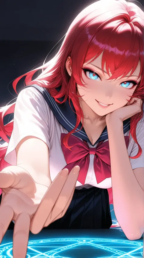 realistic, Medium Shot Like a Painting of a Seductive White Woman, 2, 5'9" tall, perfect, Graceful physique . Her Long, Wavy Hair Is Vivid Turquoise Blue,.  She's Attractive //, Beautiful Woman in School Uniform,  Her pose is fluid and captivating, As if o...