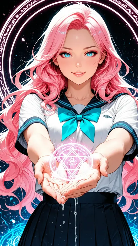 realistic, Medium Shot Like a Painting of a Seductive White Woman, 2, 5'9" tall, perfect, Graceful physique . Her Long, Wavy Hair Is Vivid Turquoise Blue,.  She's Attractive //, Beautiful Woman in School Uniform,  Her pose is fluid and captivating, As if o...