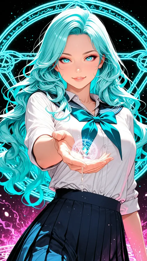 realistic, Medium Shot Like a Painting of a Seductive White Woman, 2, 5'9" tall, perfect, Graceful physique . Her Long, Wavy Hair Is Vivid Turquoise Blue,.  She's Attractive //, Beautiful Woman in School Uniform,  Her pose is fluid and captivating, As if o...