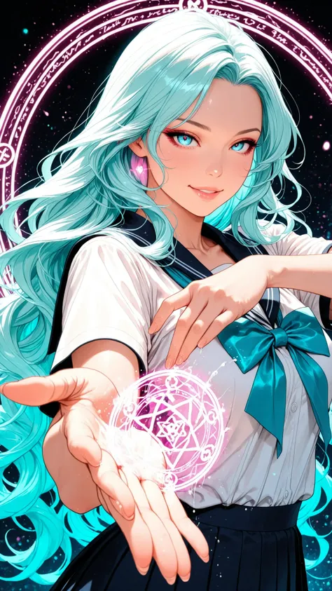 realistic, Medium Shot Like a Painting of a Seductive White Woman, 2, 5'9" tall, perfect, Graceful physique . Her Long, Wavy Hair Is Vivid Turquoise Blue,.  She's Attractive //, Beautiful Woman in School Uniform,  Her pose is fluid and captivating, As if o...