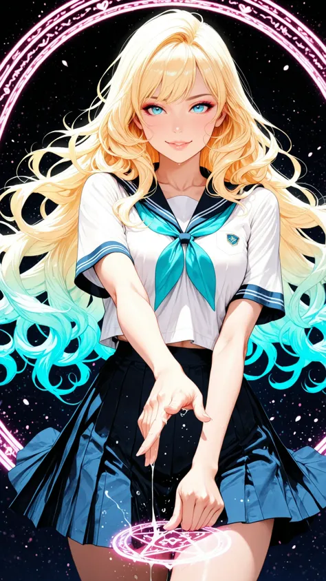 realistic, Medium Shot Like a Painting of a Seductive White Woman, 2, 5'9" tall, perfect, Graceful physique . Her Long, Wavy Hair Is Vivid Turquoise Blue,.  She's Attractive //, Beautiful Woman in School Uniform,  Her pose is fluid and captivating, As if o...