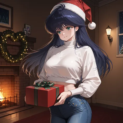 xueren, ,(ayukawa madoka),smile,happy,{{masterpiece}}, {{{Highest Quality}}}, {{Super Detailed}}, {{illustration}}, beautiful details,wonderful,Precise Details,very awa,dark blue hair,busty,
white sweater,crop top,low-rise jeans,Santa's cap,she is give a p...