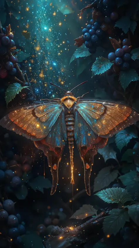 Ultra-realistic, hyper-detailed moth resting on a damp branch in a deep indigo forest. Its wings display a complex orange-to-blue gradient enriched with beautiful golden scales, each reflecting light with metallic brilliance. Every golden particle glitters...