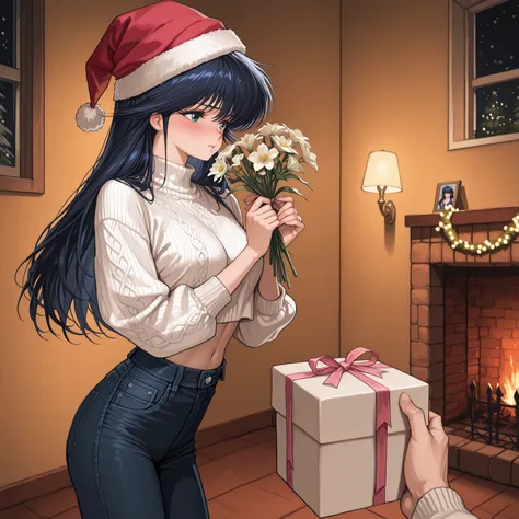 PovGifting, pov hands, holding flowers, flower,(ayukawa madoka),supprised, (blush),{{masterpiece}}, {{{Highest Quality}}}, {{Super Detailed}}, {{illustration}}, beautiful details,wonderful,Precise Details,very awa,dark blue hair,busty,
white sweater,crop t...