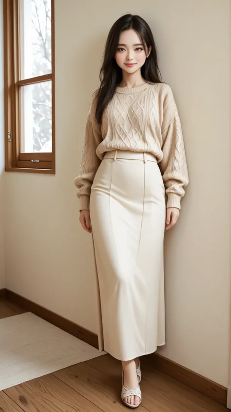 Ultra-realistic digital full body portrait of a young Japanese woman. full body.
She has very long, silky black hair, over her hip. 
Her skin is fair with a healthy glow, giving a clear and luminous impression. 
Her eyes are large and gentle, featuring nat...