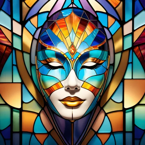 Stained-glass style illustration of a floating ((Skin Care mask)), centered in the image, appearing to hover in mid air. The ((Skin Care mask)) is meticulously rendered in warm-toned shades, featuring mosaic-like details and vivid artistic effects. The bac...