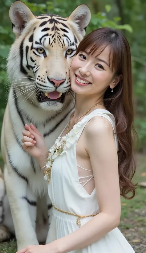 A beautiful Japanese woman with long hair who has a cute smile, (((japanese))), A white tiger that gently snuggles, cinematic experience, masterpiece, Ultra High Definition, super realistic, Realistic, accurate, Perfect Anatomy, super detailed face, Tung Y...