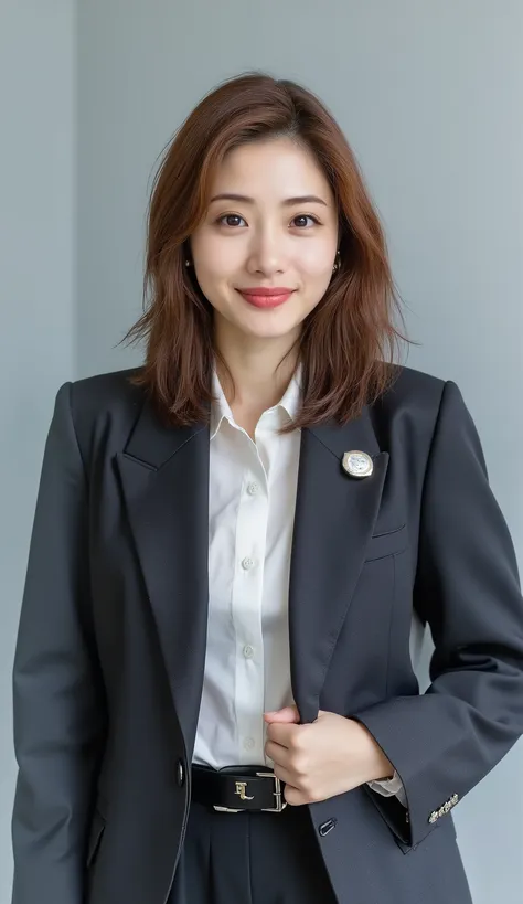  Neat Young Woman、looking at the camera、office lady suit、jacket、shirt、耳にピアス、ストレートショトヘア、薄い茶髪、無表情、、face close-up、The background is office, entire body 