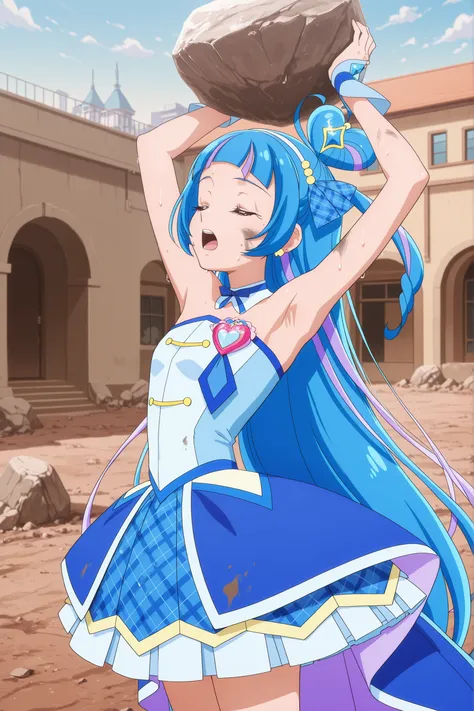 cure wink, kimi to idol precure, blue hair, magical girl, mini crown, closed eyes, blue dress, tilted headwear, very long hair, blunt bangs, bare shoulders, hairband, two-tone hair, purple hair, jewelry, idol clothes, masterpiece, best quality, anime, sour...