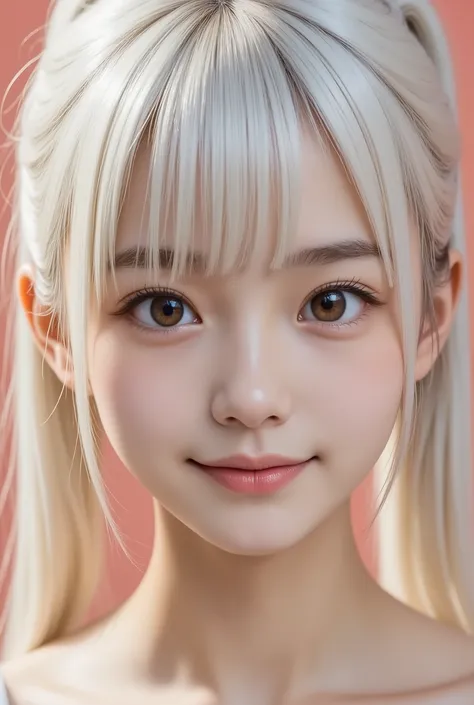 18 years old ,cute Japanese girls、((Small Faces)),girl with white skin,  ((white hair, ponytail,random hair with a big cock))、brown eyes、Glossy Skin、(Smile),((Small Faces)),((Angle Above Collarbone))、,Background is pale coral pink、Focus on eyes