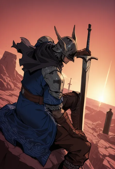 single, male, wylder (nightreign), wld, winged helmet, helm, pauldrons, shoulder armor, armor, full armor, cape, gauntlets, brown belt, greatsword, sitting while holding his sword with two hands, Sword planted in the ground, lying forward on his sword, sim...