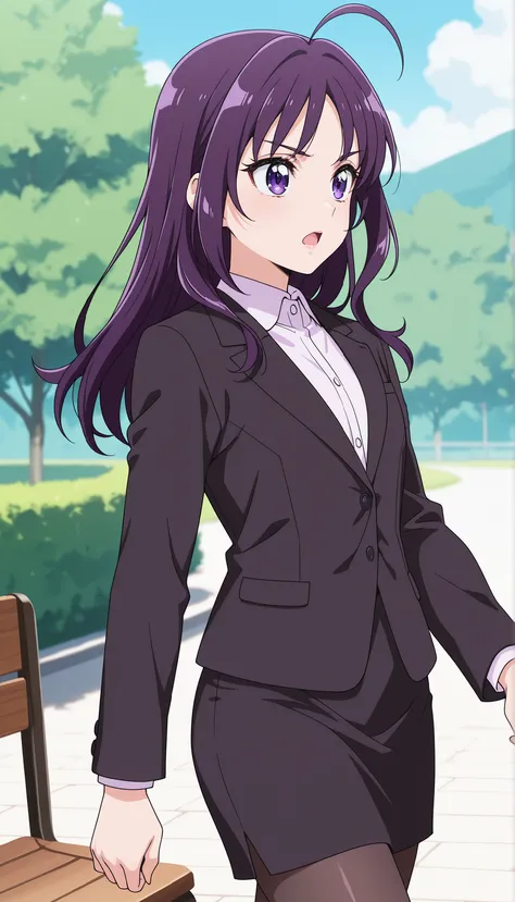 masterpiece, best quality, absurdres, very aesthetic, general, score 9,anime screencap,shigure kokoro, 1 adult female , solo, purple hair, straight hair, purple eyes, open mouth, rouge lips ,walking, ahoge, outdoors, day, recruit suit, black suit ,closed b...