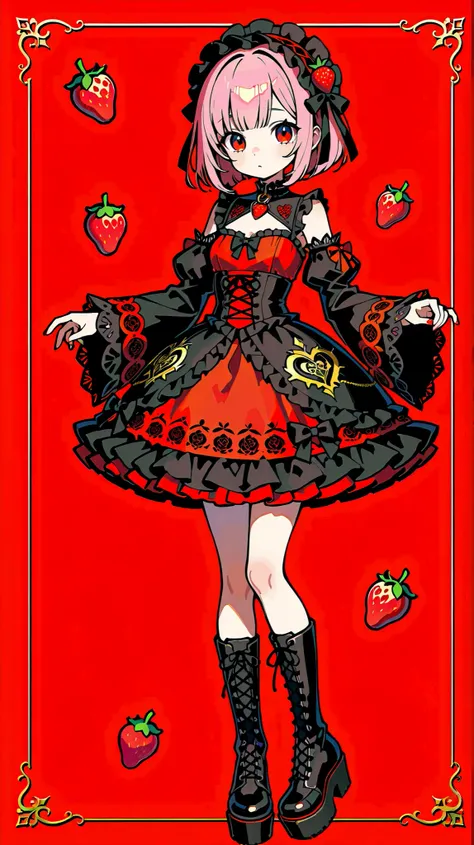 This full-body dress features incredibly detailed details, even the facial expressions are expressed in minute detail. 
Theme: Strawberry-themed gothic fashion. 
Girl: A cute 16-year-old Japanese girl with long, straight pink hair. 
Outfit: A cute gothic d...
