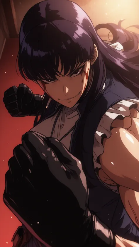 Roberta, long hair,  vest, white shirt, dark purple hair, black gloves, black eyes, eyes, tall girl, breast, closed mouth, robertatb, evil grin  sleeveless, holster, blood on her face, blood, boxing stance, fight stance, clenched fist, good Anatomy, solo l...