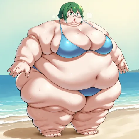 ism4ya, green hair, short hair, green eyes, large breasts
glasses, under-rim eyewear, bikini, beach, breasts, fat, chubby, obese, fat neck, multiple chins, big breasts open mouth, out of breath, Larger female, full body shot, only head, large head, oversiz...