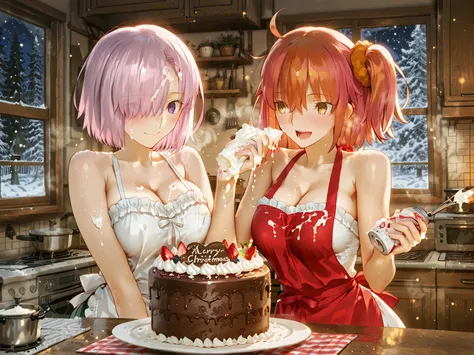 masterpiece, best quality, absurdres, 8k, ultra-detailed, anime style, takeuchi takashi, cinematic lighting, warm kitchen glow, yuri couple, 

cozy Christmas kitchen at night, snow falling quietly outside large window, oven light on with sweet strawberry c...