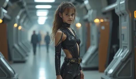 High-quality full-length photo of a Twelve-year-old girl, in the image of a space fleet engineer, in a tight-fitting, thin and elastic, smaller than the equipment needs, made of super-thin high-tech material with transparent inserts all over the girl's bod...