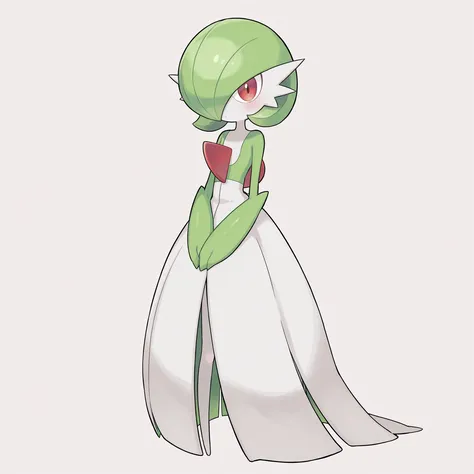 quality, very aesthetic, 8K, best quality, beautiful, ultra-high resolution, 32K UHD, sharp focus, 1woman, solo, Gardevoir, pokemon (creature), green hair, short hair, red eyes, white skin, white dress, green sleeves, slim, blush, serious, cute, hands on l...