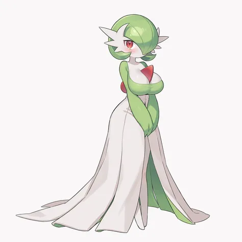 quality, very aesthetic, 8K, best quality, beautiful, ultra-high resolution, 32K UHD, sharp focus, 1woman, solo, Gardevoir, pokemon (creature), green hair, short hair, red eyes, white skin, white dress, green sleeves, slim, huge breasts, blush, shy, cute, ...