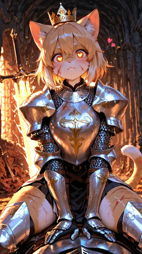 High Resolution, 8K Wallpaper, top quality, A female knight with cute characteristics is in perfect combat position, small The crown of protection enhances preparation for battle short, furry hair, with big expressive eyes、shows a combination of determinat...