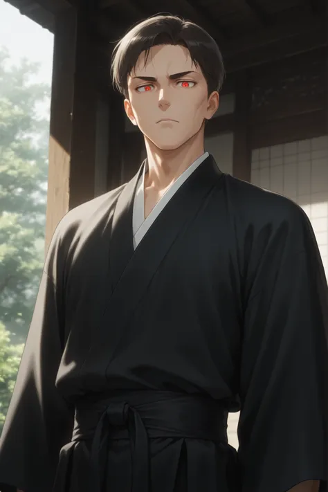 Masterpiece, good resolution, good quality, newest. Good anatomy, good lighting, safe. Older man, handsome, anime. Dark brown hair, short haircut, military style. Intense red eyes. Slight wrinkles on his face, fair skin, slim build, muscular figure. He is ...