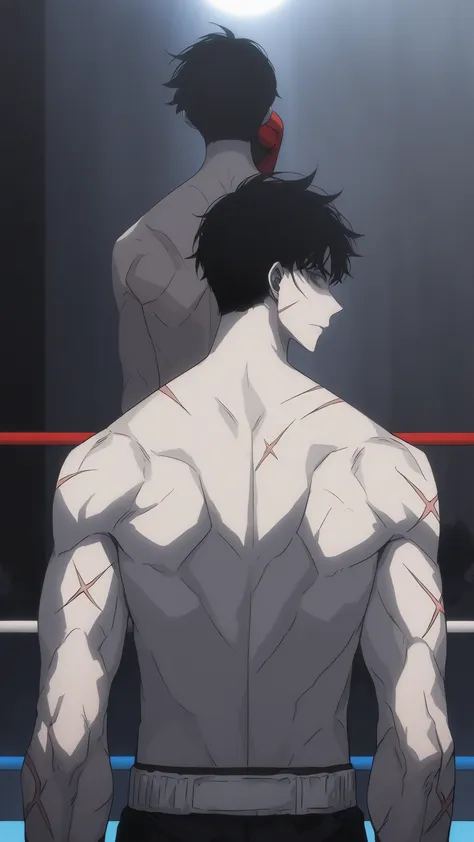 cinematic portrait of score_9, score_8_up, score_7_up,
  boxy, looking at viewer,  scar, from behind, topless male, closed mouth, boxing gloves. 85mm lens, f/1.8, dramatic side lighting, moody atmosphere, pale skin, black hair, dark circles