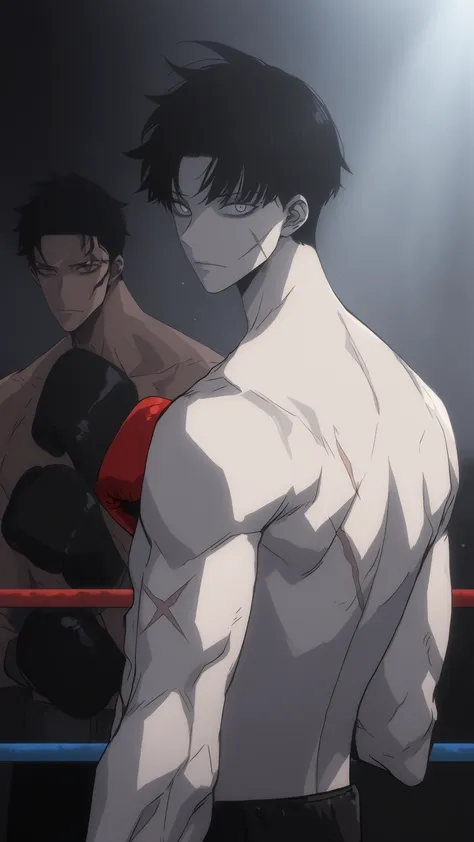 cinematic portrait of score_9, score_8_up, score_7_up,
  boxy, looking at viewer,  scar, from behind, topless male, closed mouth, boxing gloves. 85mm lens, f/1.8, dramatic side lighting, moody atmosphere, pale skin, black hair, dark circles