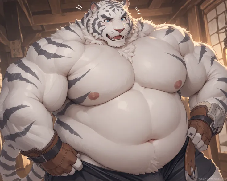 Cinematic Portrait: handsome obese  white tiger;Mercenary (Grimoire of Zero ; huge and fuzzy; naked; (fat muscular, kind, big obese body; fluffy fur); huge gut; happy expression, excited impressed, mega-obese white tiger, detailed eyes, (overweight inflati...
