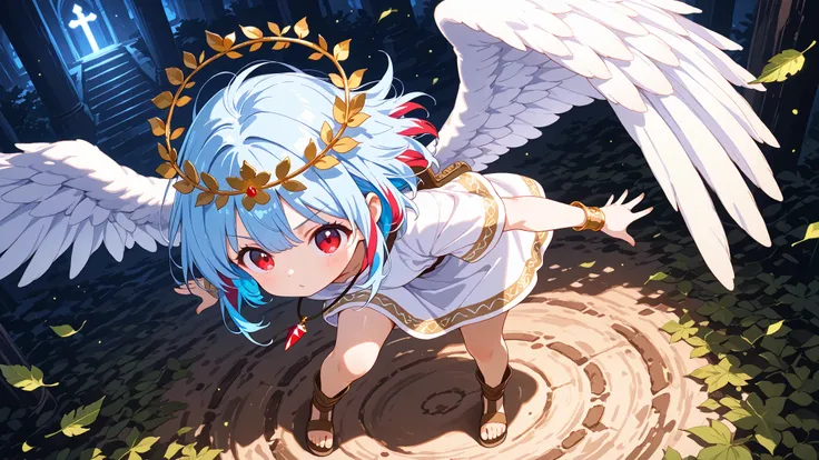 High angle, (masterpiece, 4K, ultra-detailed, vivid and vibrant colors), {Jasmine}: (a beautiful and attractive woman with long blue hair and red streaks, red eyes, wearing a short white tunic and a crown of leaves on her head, brown sandals, a just one on...