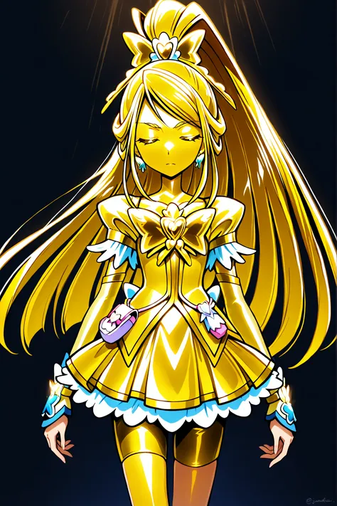 Cure Aqua, masterpiece, top quality, Newest, very high resolution with glasses in one hand, closed eyes, gold髪, jaundice, closed mouth, no students, Yellow skin, glossy skin, gold属の肌, black eyebrow , Drooping eyebrows, 1girl, solo, Cowboy Shots, is stan...