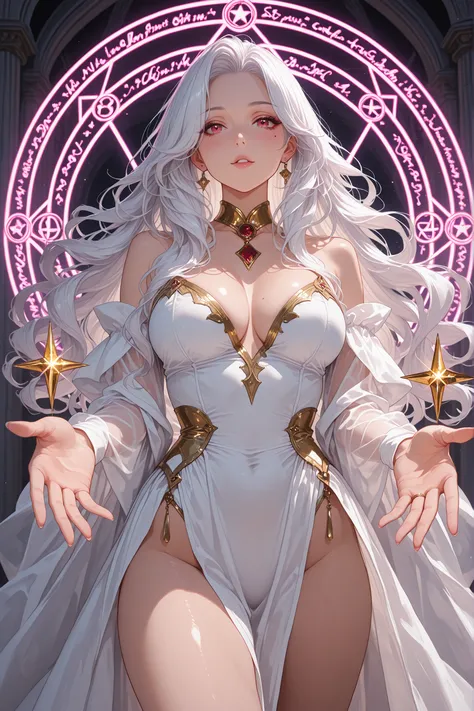   dark magic girls . realista, medium plane, like a painting of a seductive white woman of 2,5 meters high, perfect and elegant physique. Her long wavy hair is intense gold with ruby. is attractive, beautiful woman, As if offering a magic drop. Extends a h...